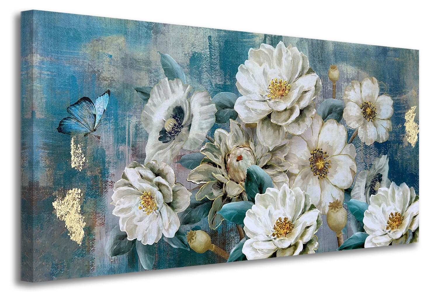Arjun Flowers Canvas Wall Art White Elegant Modern Picture Gold Foil Rustic Painting Colorful Turquoise Floral  Extra Large Teal Artwork for Living Room Bedroom Dining Room Home Office Decor 60''x30''