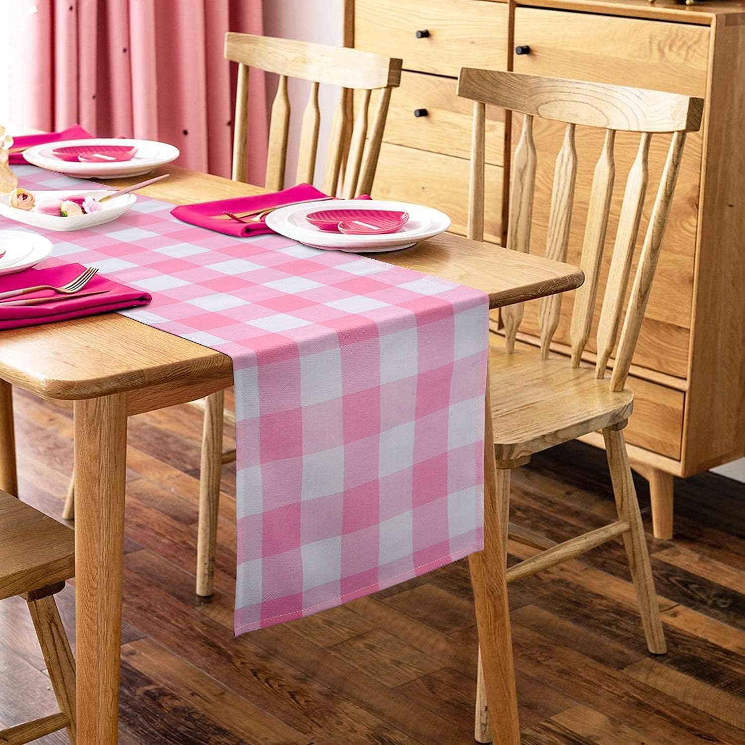 Ivarunner Pink&White Gingham Valentine'S Day Table Runner, Plaid Table Runner 72 Inches Long, Buffalo Check Dresser Runner Table