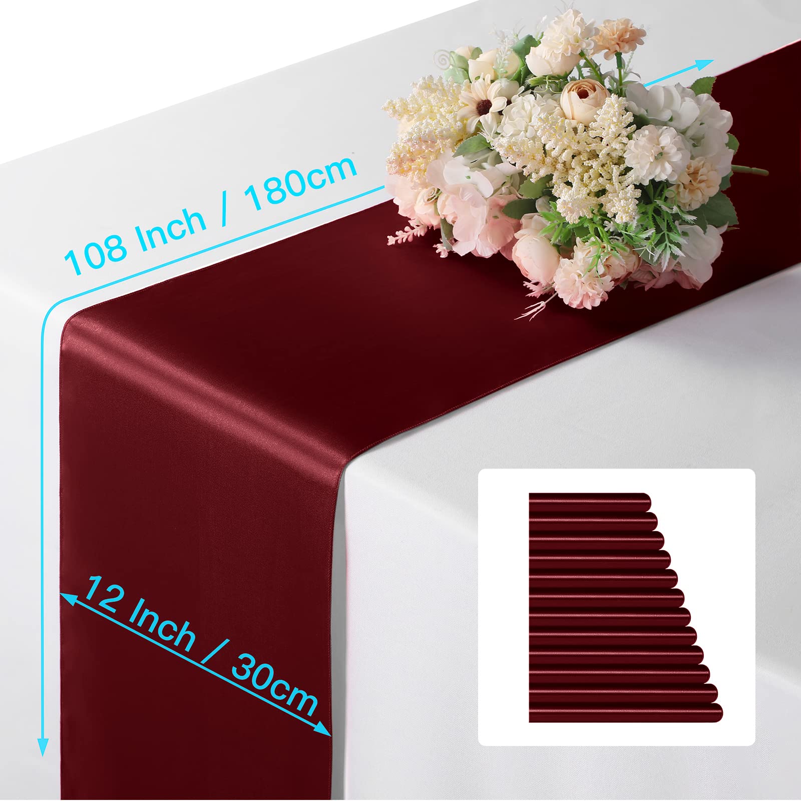 Manyshofu 12Pcs Satin Maroon Table Runner - 12 x 108 Inch Long Size  Party Table Runner Decor Bright & Smooth Wedding Decorations Table Runner for Banquet Chef Birthday Buffet Dinner Graduations