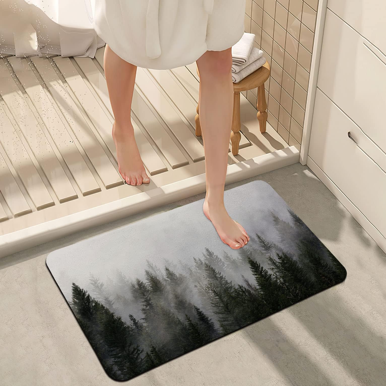 Ortigia Blue Misty Forest Bathroom Rug Quick Dry Super Absorbent Bath Mat Diatomite Mud Floor Mat Doormat Non Slip Rubber Bath F