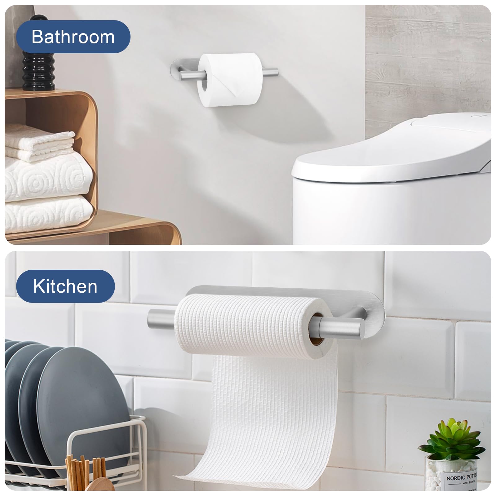 Self Adhesive Toilet Paper Holder, Sus304 Stainless Steel Brushed Nickel Toilet Roll Holder, Double Base Paper Towel Holder Wall