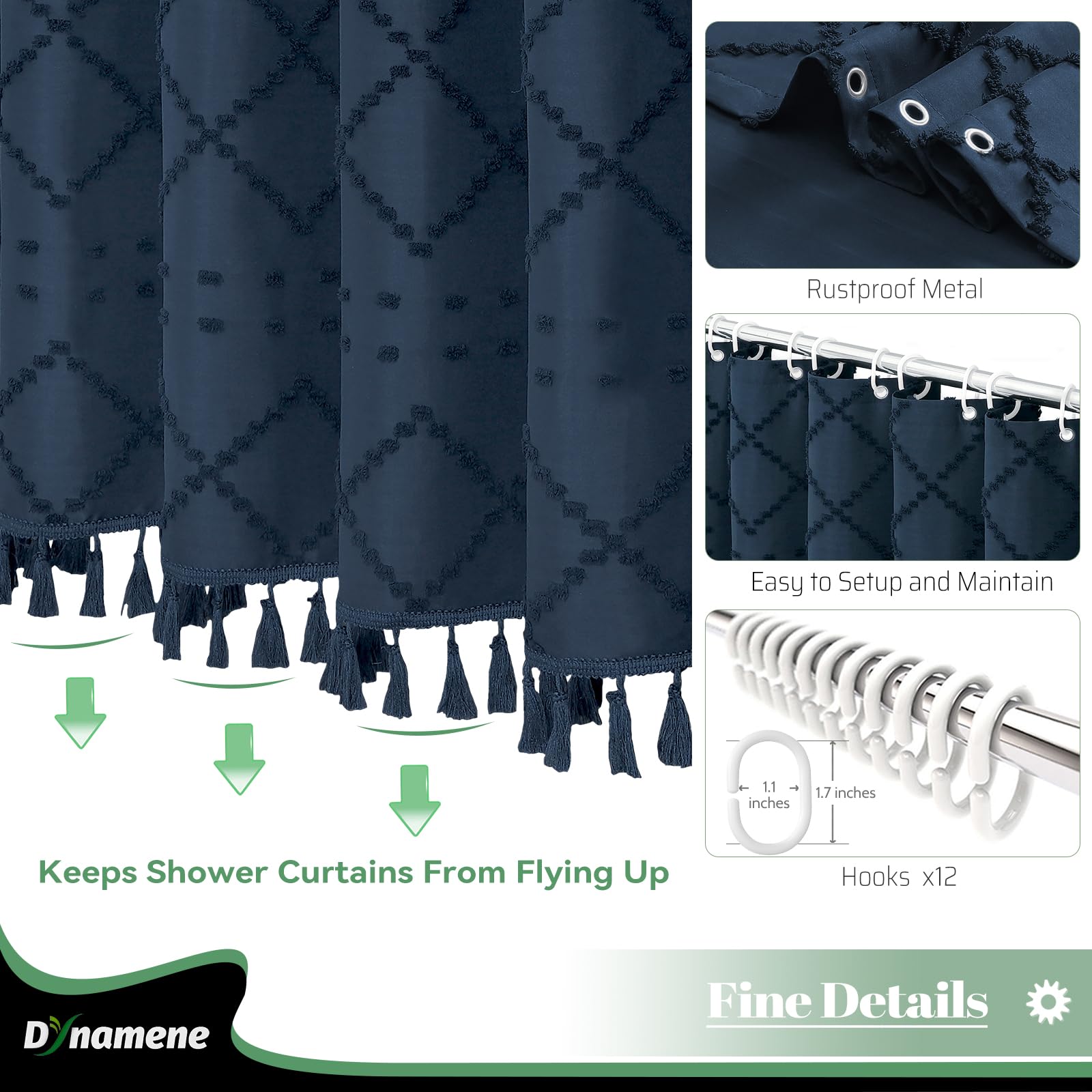 Dynamene Navy Blue Fabric Shower Curtain, Boho Tufted Geometric Striped Tassel Shower Curtain For Bathroom, Shabby Chic Modern F