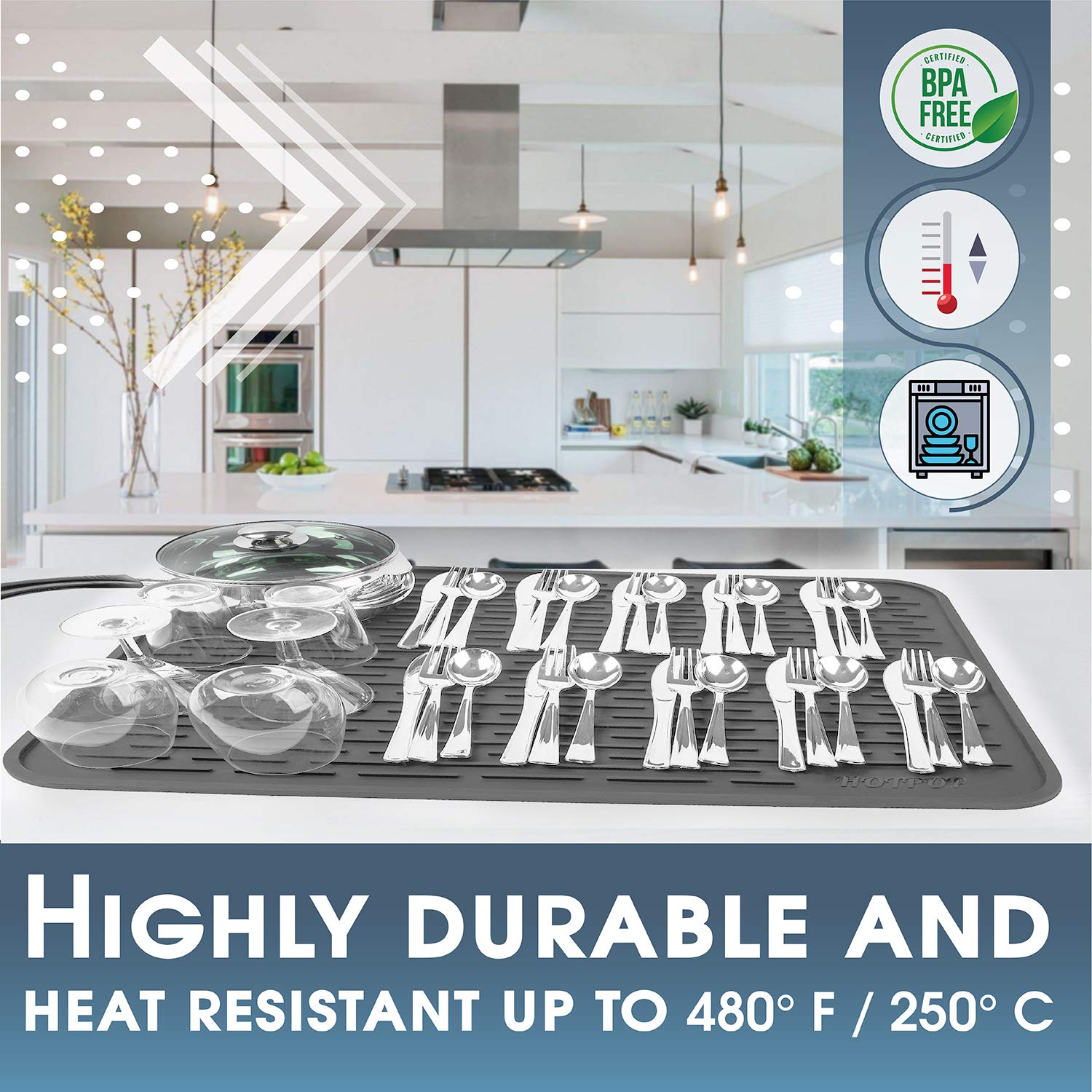 HOTPOP Large 18''x16'' Super Sturdy Silicone Dish Drying Mat & Trivet - Dishwasher Safe  Heat Resistant  Eco-Friendly  Large Drain Board for Dishes  18'' Rectangular Silicone Mat  Kitchen Safe (Grey)