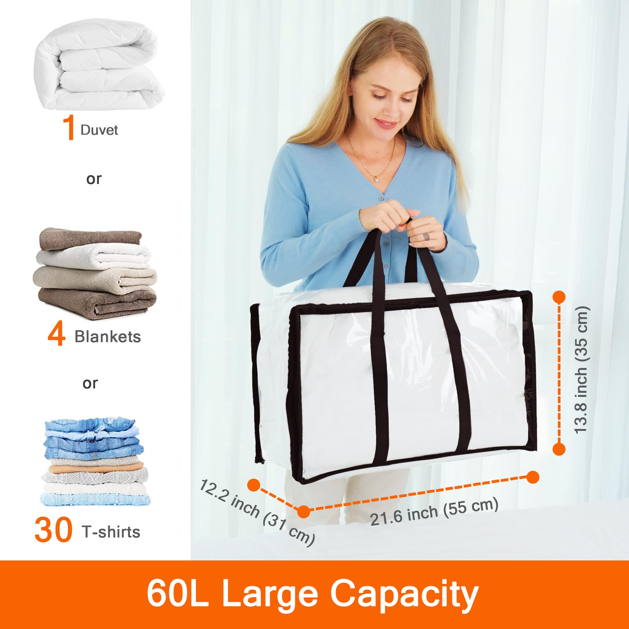 Vieshful 5 Pack Clear Clothes Storage Bag, 60L Zippered Closet Organizer, Plastic Storage Containers Moving bags for Comforter,
