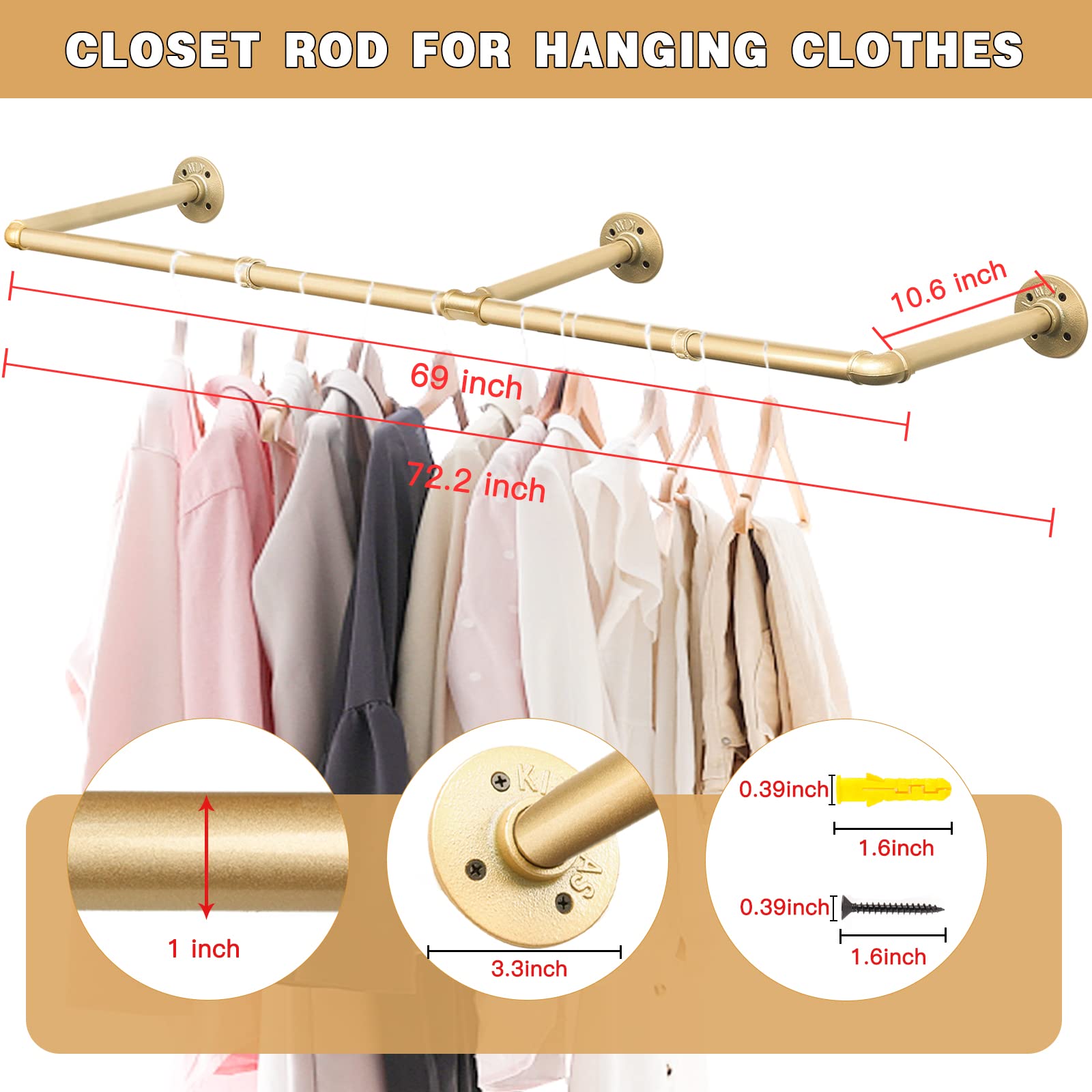 Varsoul Wall Industrial Pipe Clothes Racks, Diy Floating Hanger Rustic Home Pipe Decor, Mounted Closet Storage Organizer Holder