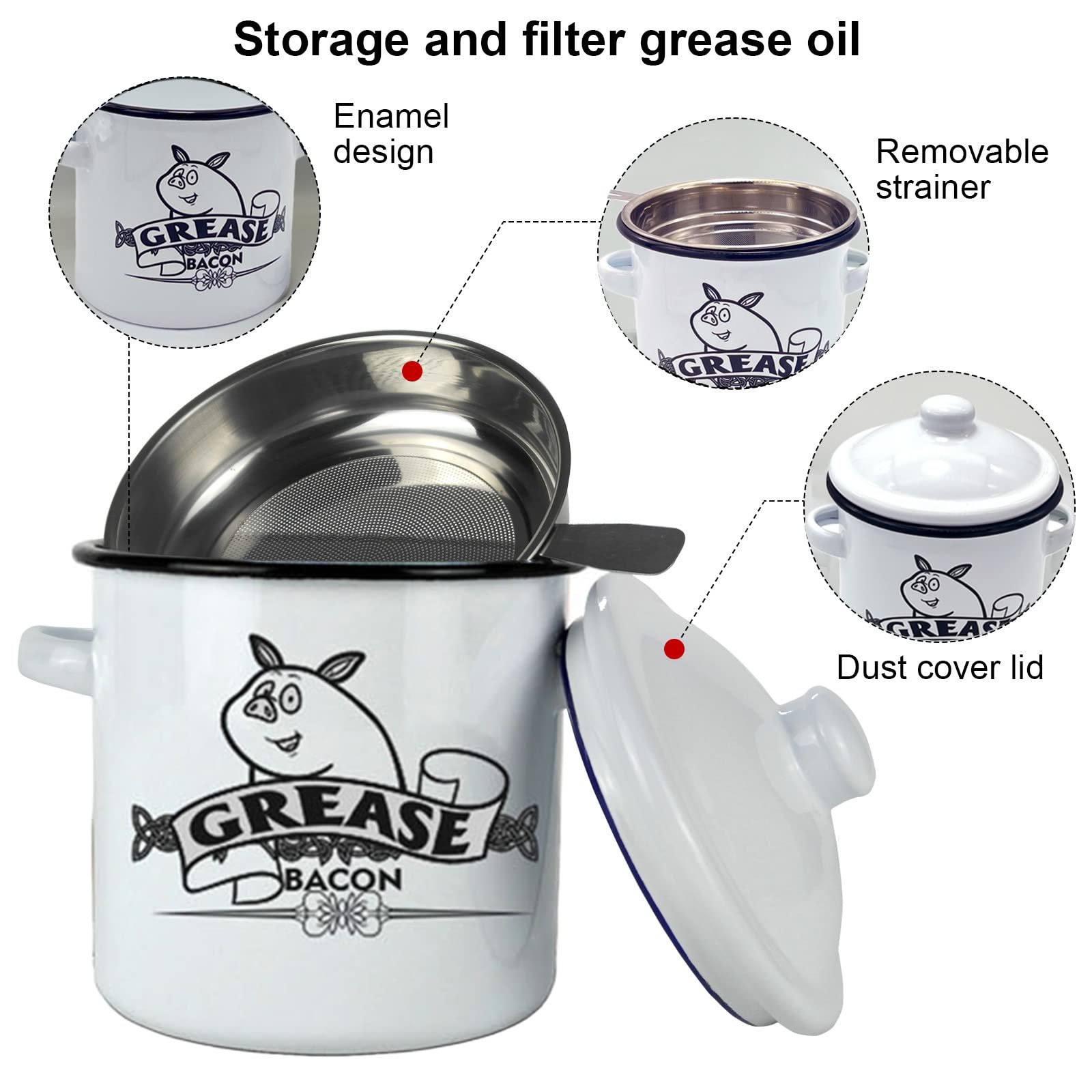 Roadmap 1.5L White Enamel Bacon Grease Container With Strainer, Grease Canister With Cute Pig Pattern, Bacon Grease Saver, Oil S