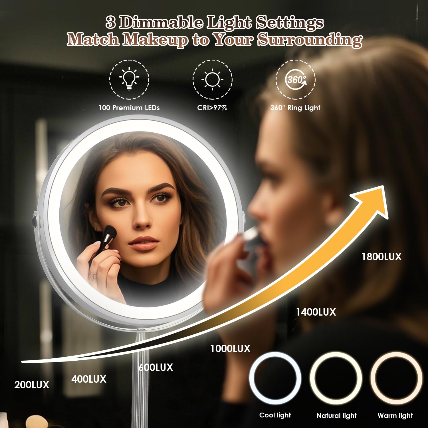 VESAUR 15X Magnifying Mirror with Light - 9.5" HD Double-Sided, Rechargeable, 360° Swivel, Pearl Nickel Finish, Model D912