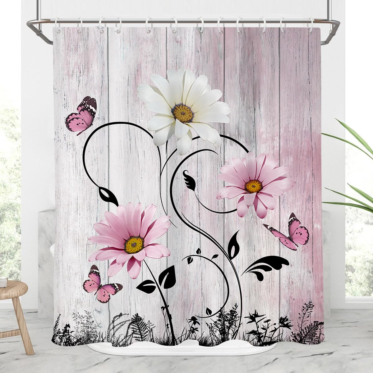 Aatter Pink Floral Shower Curtain Rustic Country Flowers Vintage White Daisy Butterfly Boho Abstract Black Leaves Girly Cute Pla