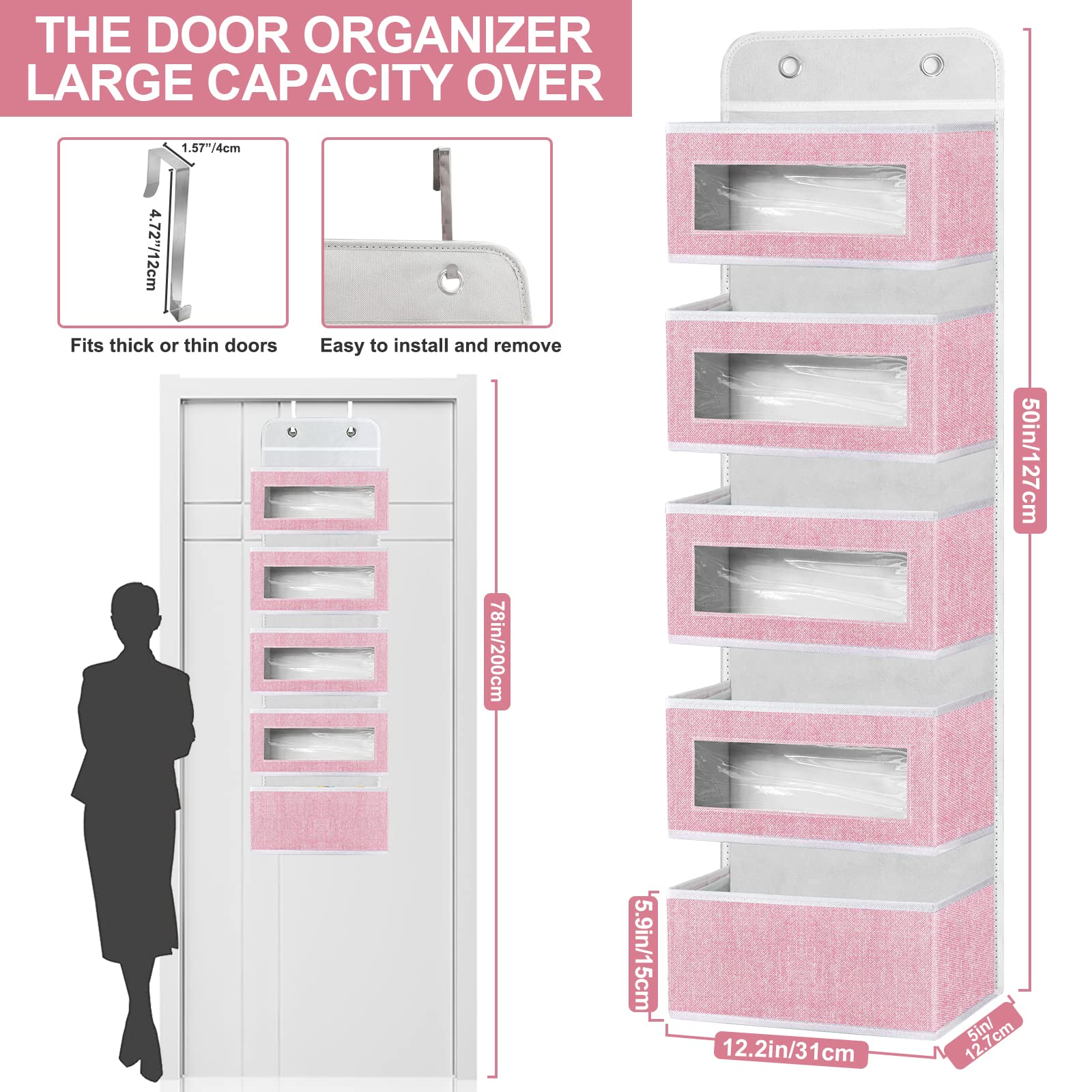 homyfort Over The Door Organizer  Hanging Baby Diaper Organizer for Nursery  Pink Wall Storage Organizer with 5 Large Pockets for Girls Room Pantry Dorm Bathroom Closet