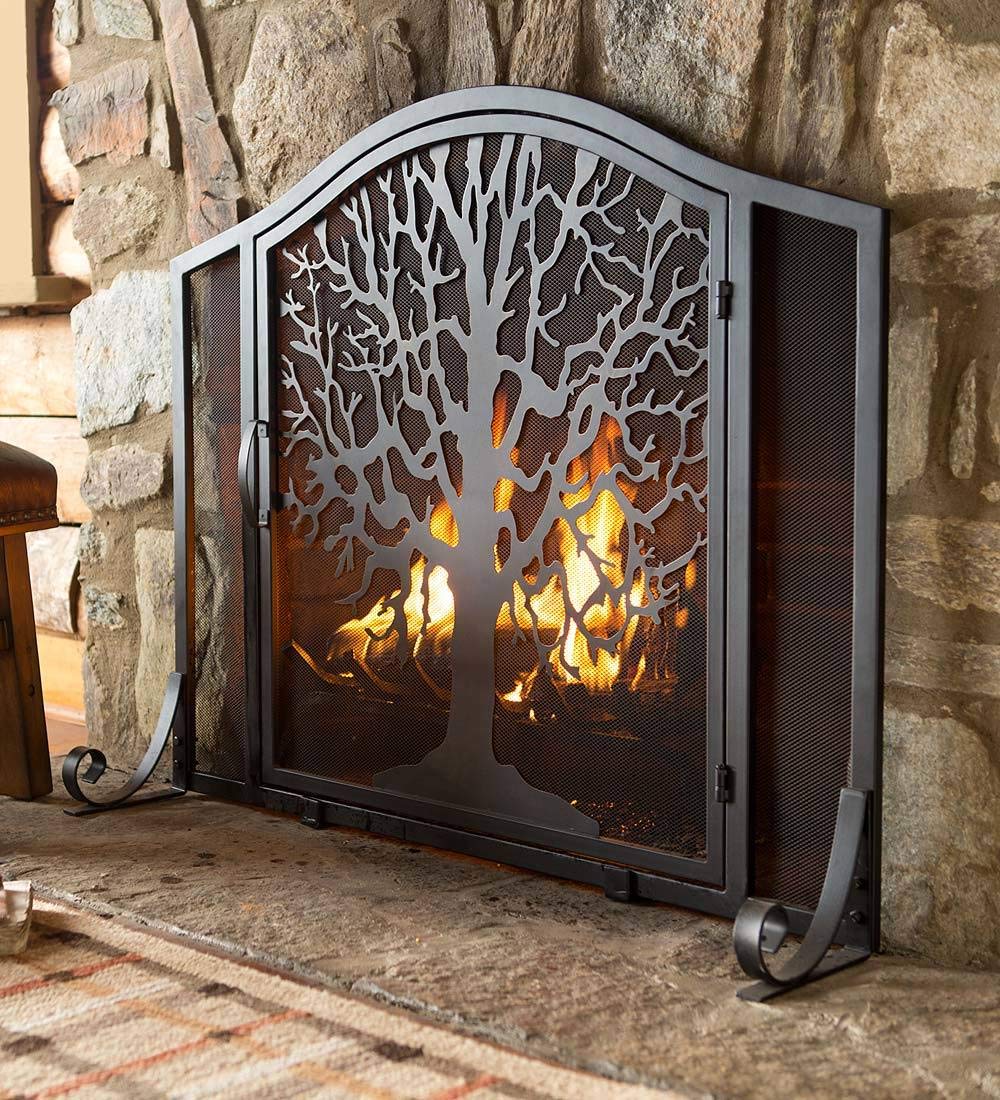 Plow & Hearth Metal Fireplace Screen Tree Of Life Black | 38'' W X 31'' H | Flatguard | Spark Guard Grate | Iron Fire Place Cove