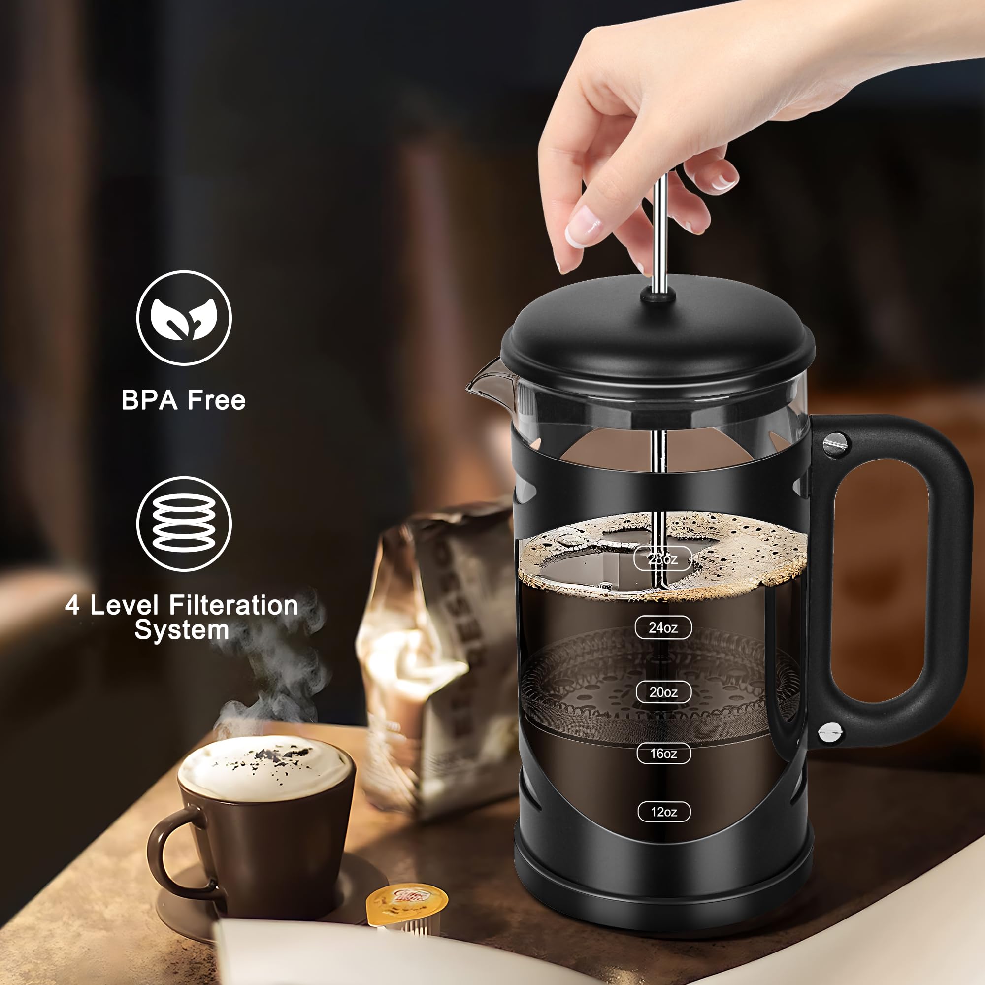 Ymmind 34 Ounce French Press Coffee Maker Black Stainless Steel Coffee Press, With 4-Level Filter System, Heat Resistant Thickne