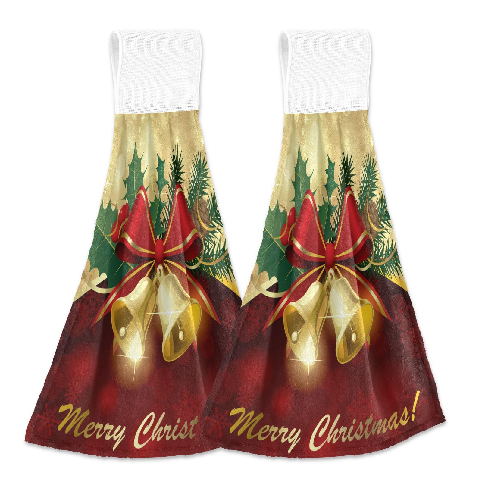 Christmas Gold Bells Hand Towels Hanging Kitchen Towels 2 Pieces Bathroom Towels Tie Towel Tea Towels For Farmhouse Home Decor
