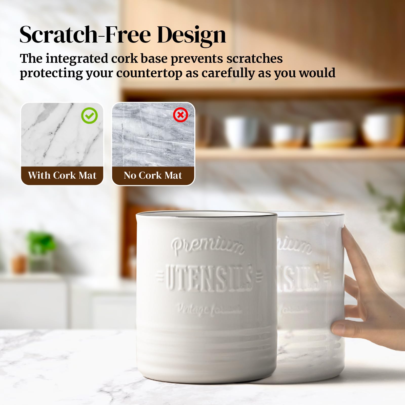DOWAN 7.2'' Extra Large Kitchen Utensil Holder - Farmhouse Utensil Holder for Countertop - Ceramic Utensil Crock with Protection Cork Mat - Kitchen Decor & Housewarming Gift (White)