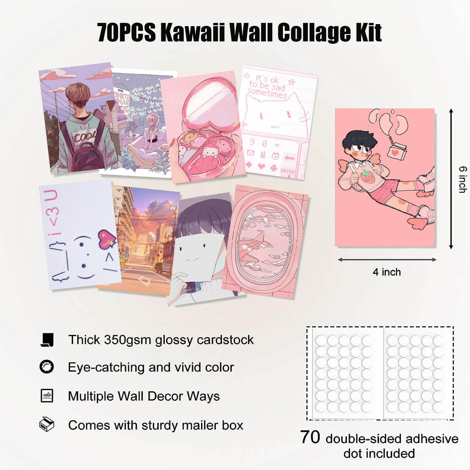 Kbkbart Anime Aesthetic Wall Collage Kit, 70Pcs Kawaii Room Decor, Pink Cartoon Assembled Print Card Set, Anime Photo Wall Colla