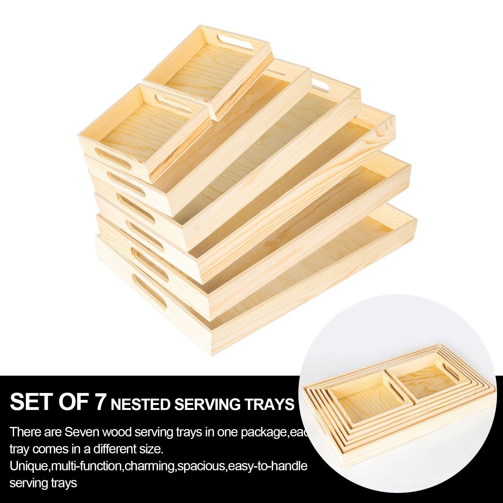 7Pcs Wooden Nested Serving Trays Set - Rectangular Shape Unfinished Wood Kitchen Nesting Food Trays With Handle For Coffee, Serv