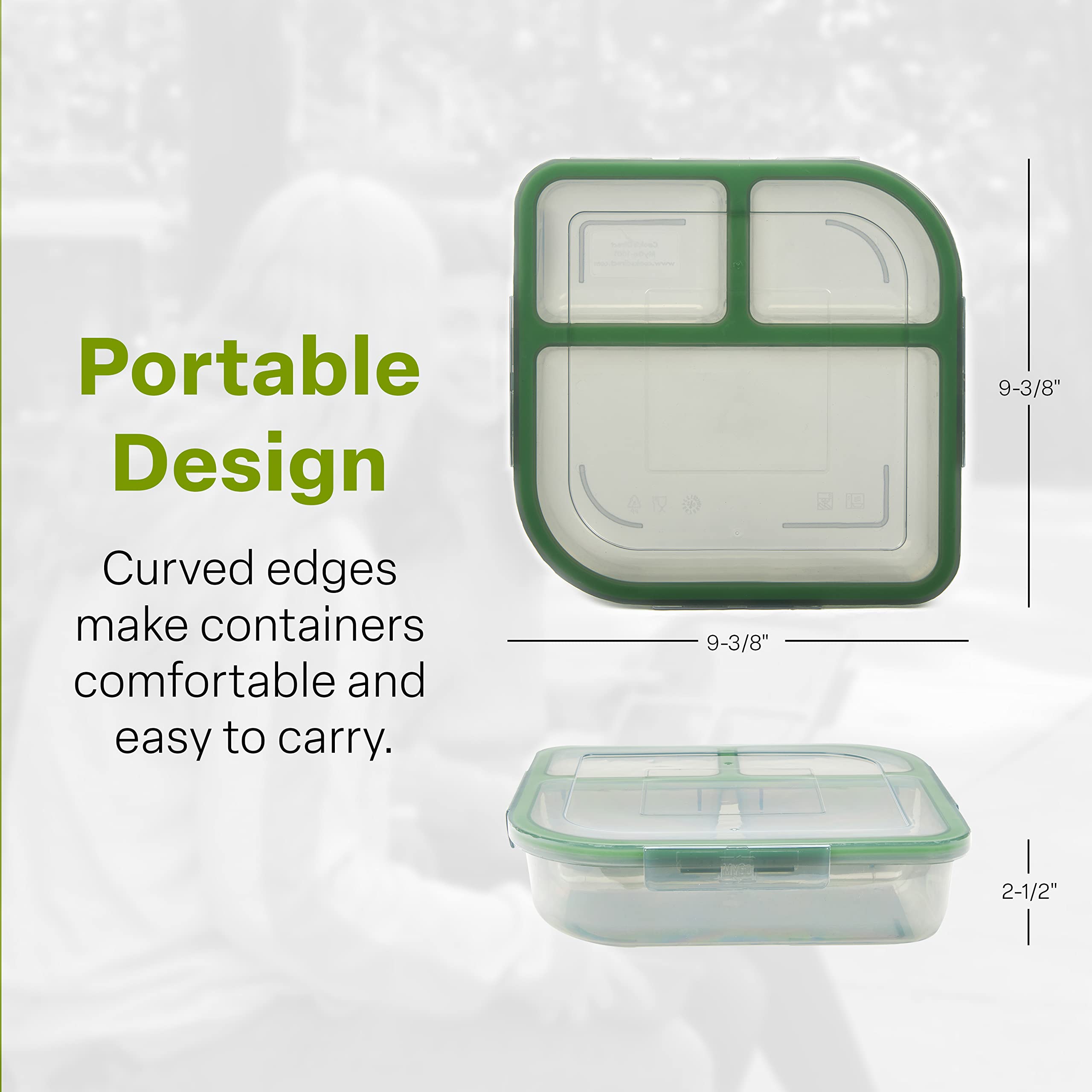 Mygo Container Large To-Go 3-Compartment Food Container, 9-3/8'' X 9-3/8'' X 2-1/2'', Reusable, Microwave Safe, Nsf Certified, S