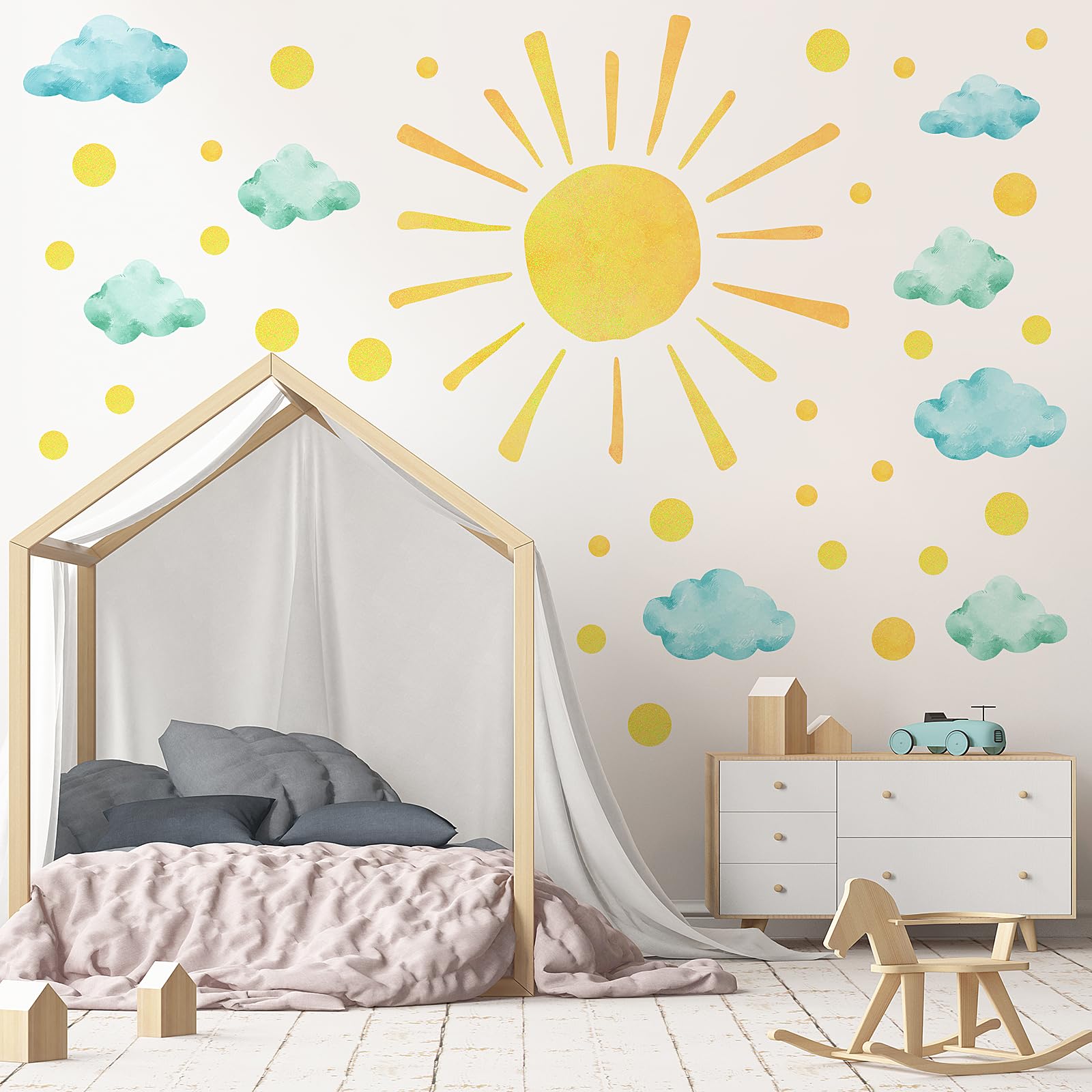 Sun And Clouds Wall Decals Polka Dots Decal Watercolor Boho Sun Wall Decals Peel And Stick, Pvc Sunrise Wall Stickers Sunshine W