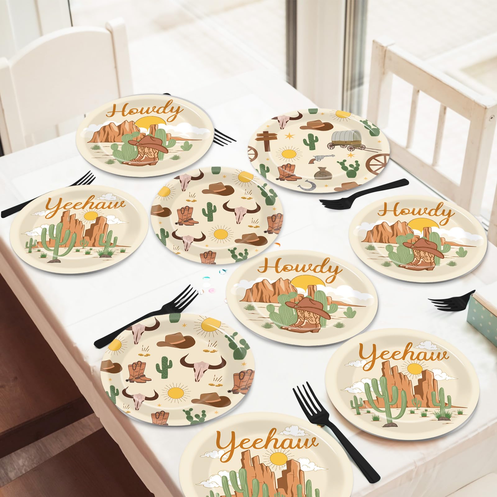 Chunnin 48Pcs Western Cowboy Rodeo Party Paper Plates For Wild West Theme Party Supplies 7'' Howdy Cowgirl Yeehaw Birthday Party