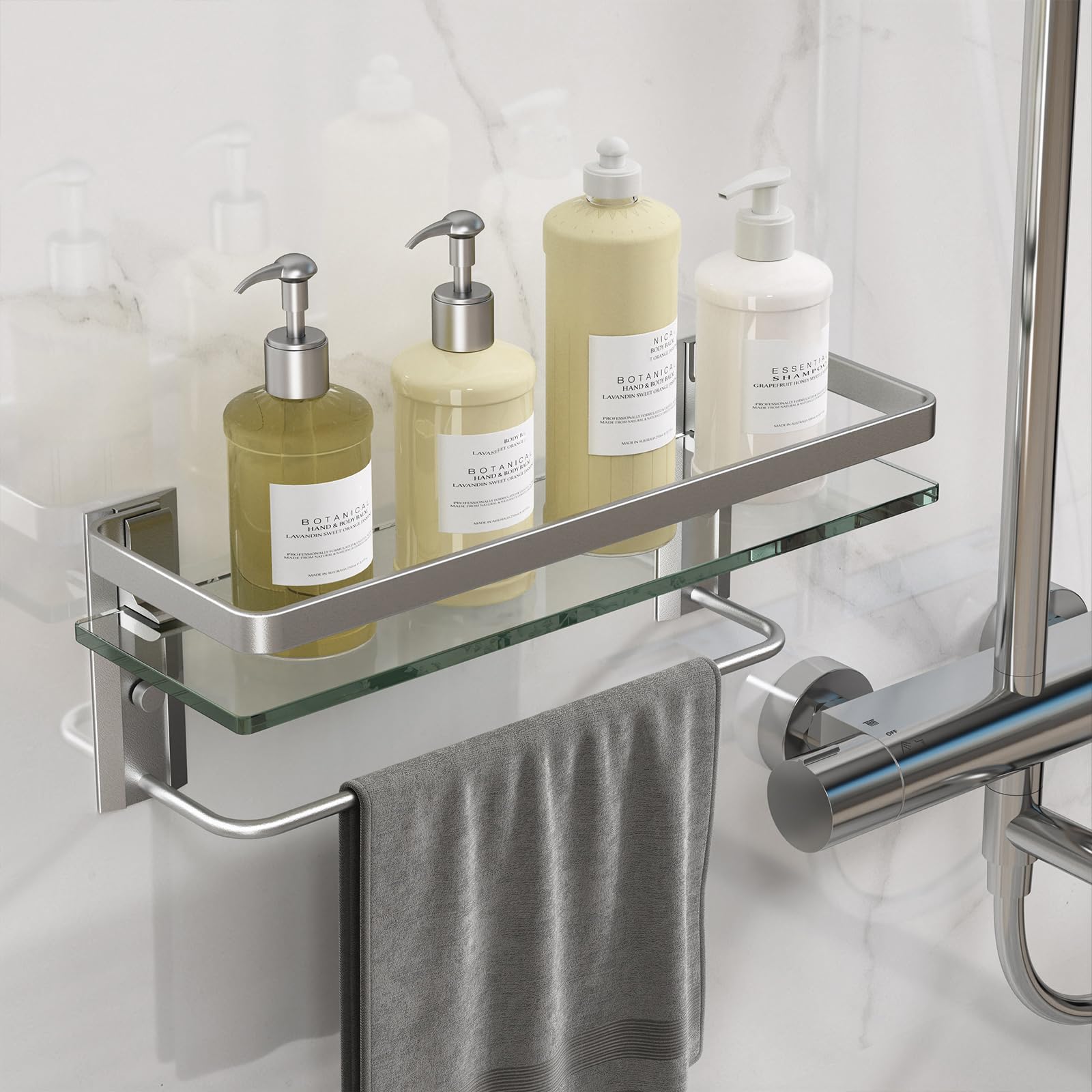 Danpoo Bathroom Wall Shelf With Towel Bar, Clear Tempered Glass, Hand Towel Holder (Matte Silver)