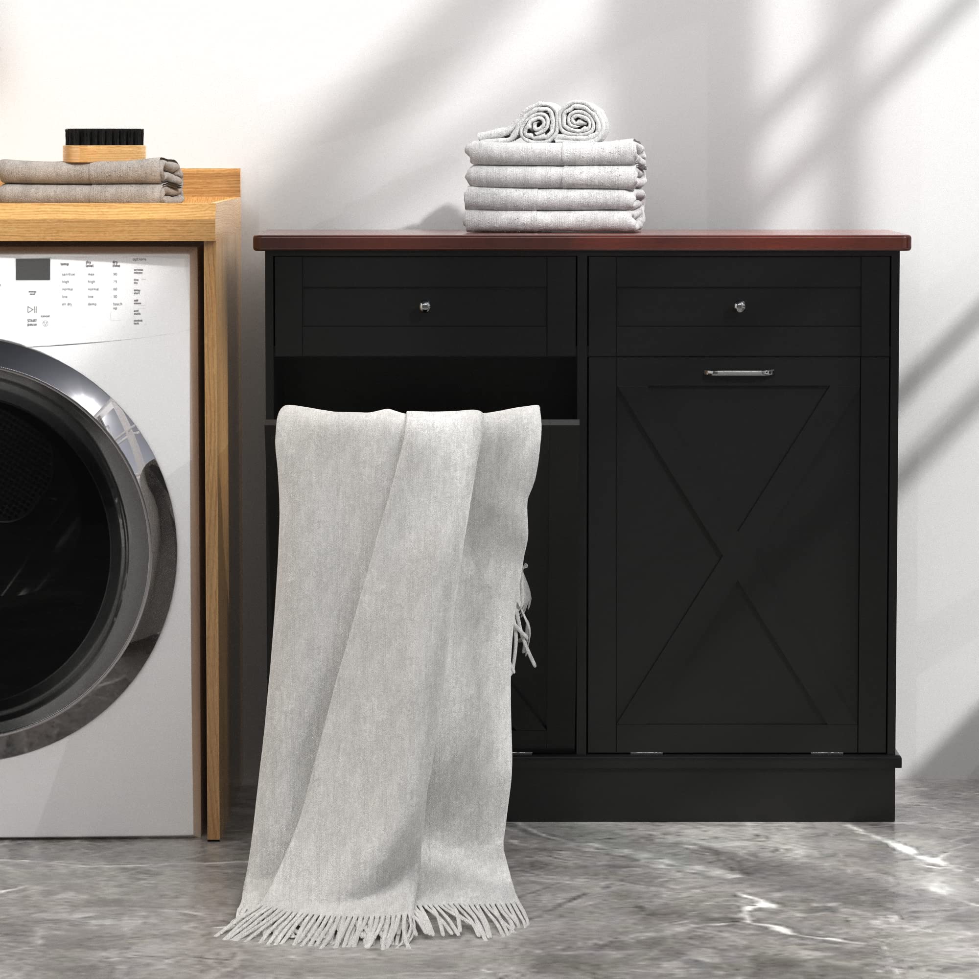TOLEAD Double Tilt Out Trash Can Cabinet, Black Wood with Barn Door, Pet Proof, Odor Blocking, Farmhouse Style