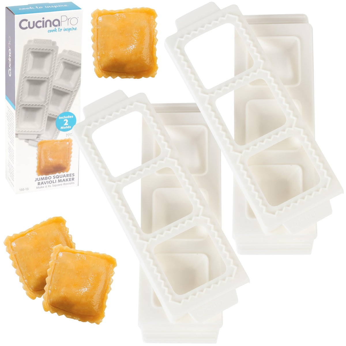 Jumbo Squares 2'' Ravioli Molds (2 Pack)- Homemade Filled Pasta Maker- 2 Piece Tray & Press Makes 3 Raviolis Or Pastry At A Time