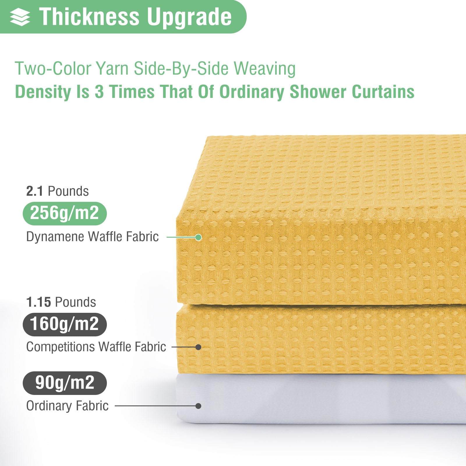 Dynamene Extra Long Shower Curtain - 84 Inch Long Waffle Weave Heavy Duty Fabric Bathroom Shower Curtain  Neutral Weighted Hotel Thick Bath Curtain Set with 12 Plastic Hooks 72x84  Gold