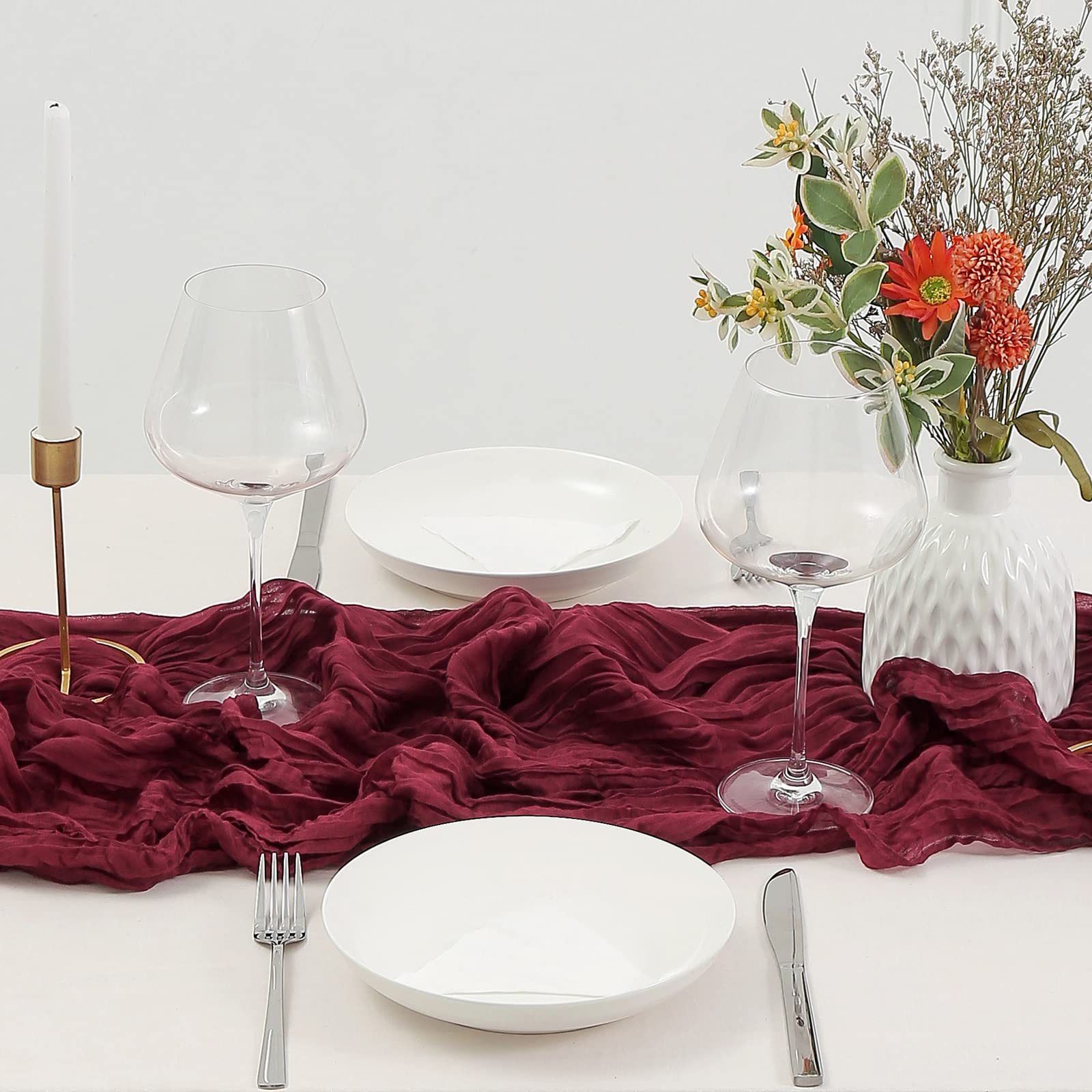 Dolopl Valentines Day Cheesecloth Table Runner Burgundy 13.3Ft Boho Gauze Cheese Cloth Table Runner Rustic Sheer Runner 160Inch