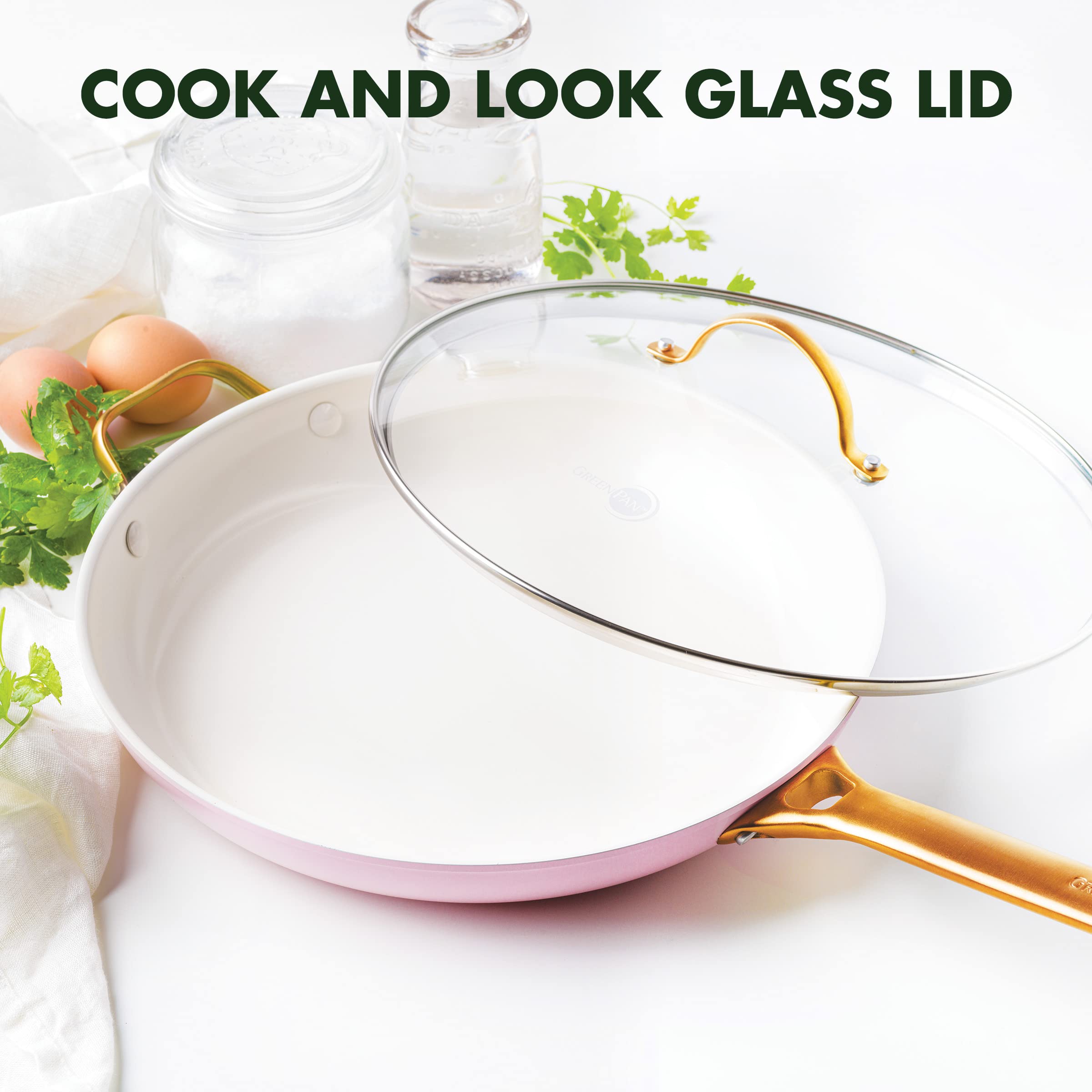 Greenpan Reserve Hard Anodized Healthy Ceramic Nonstick 12'' Frying Pan Skillet With Helper Handle And Lid, Gold Handle, Pfas-Fr