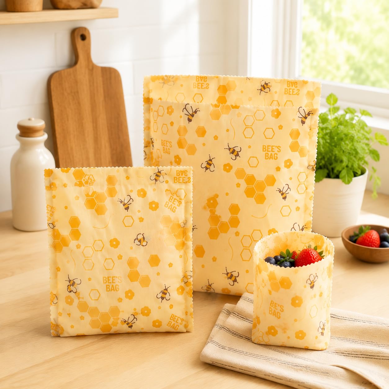 Rickcaptain Beeswax Food Storage Bags 8 Pack2L/2M/4S, Reusable & Natural