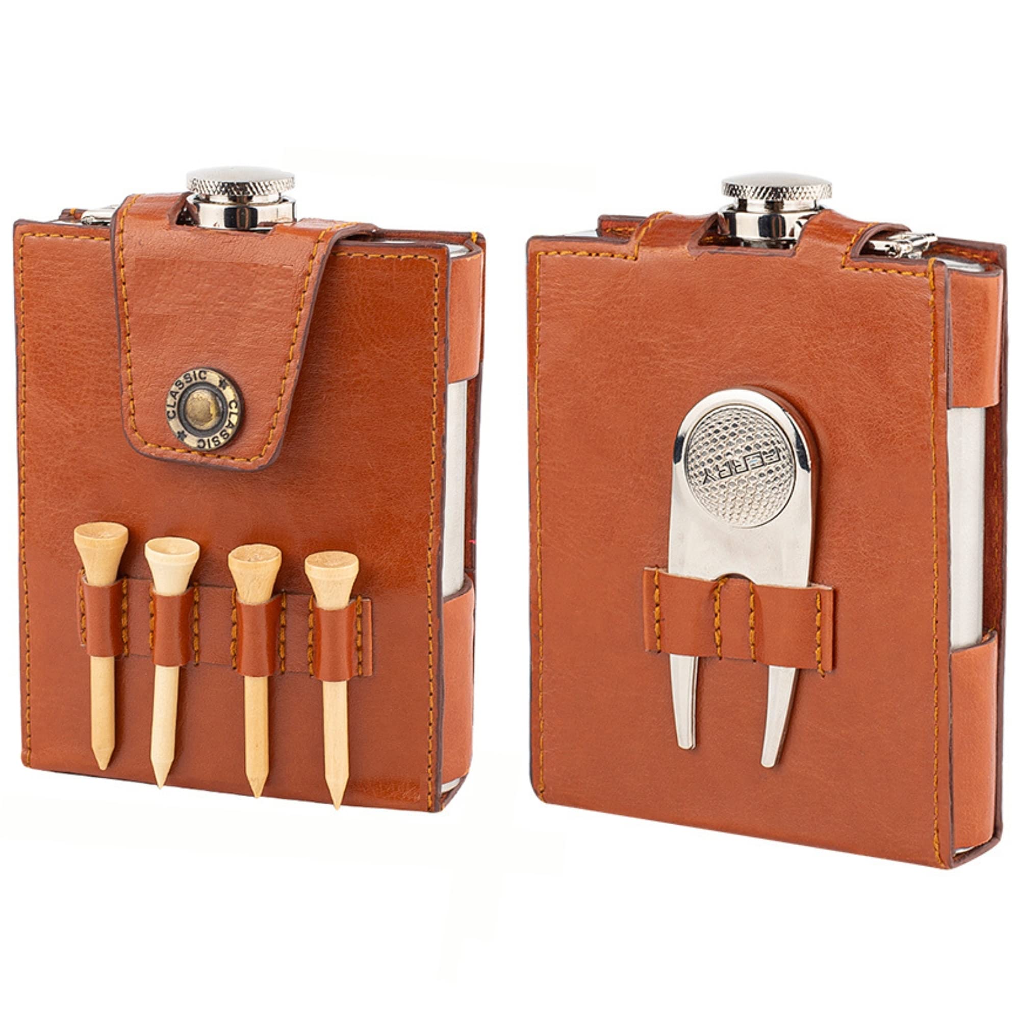 RE GOODS Golf Flask Gift Set  7oz Flask With Leather Case  Golf Accessories for Men and Women  Includes Divot Tool, Tees and 