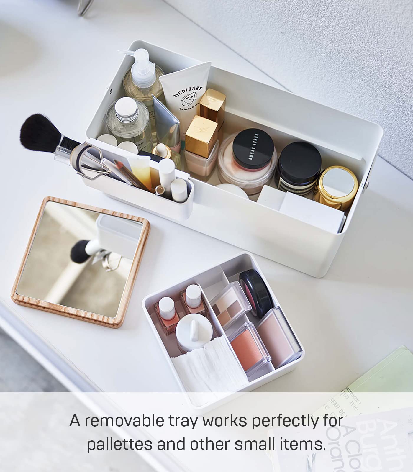 YAMAZAKI Home Tower Large Makeup Organizer Cosmetic Caddy with Handle Vanity Storage Drawer with Lid - Steel + Wood - White