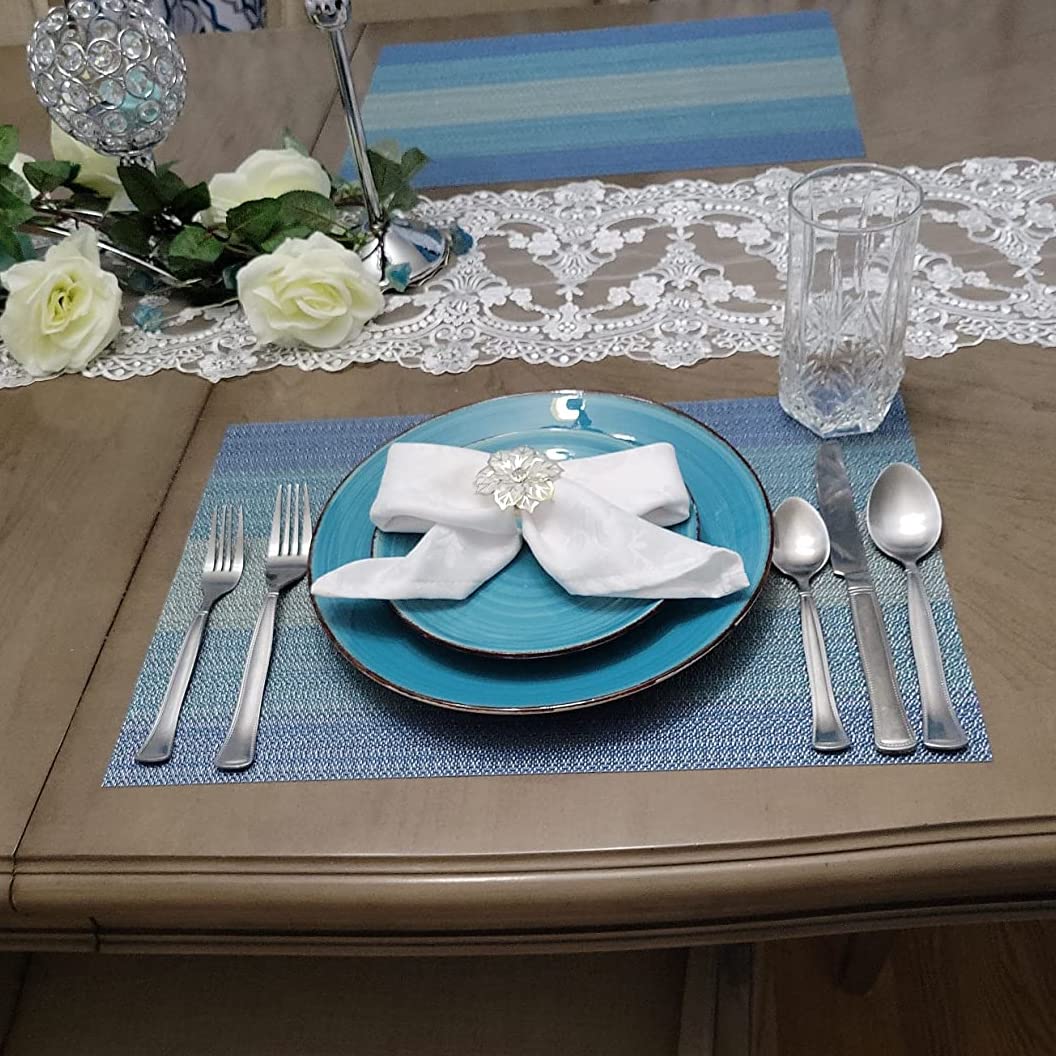 HeloHo Vinyl Placemats Set of 4 - Stain Resistant, Washable, Foldable, Blue for Kitchen & Dining Table Indoor/Outdoor