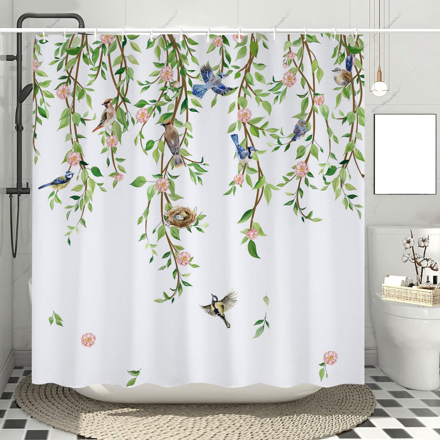 Cokomi Green Leaf Shower Curtain, Spring Watercolor Botanical Plant Leaves With Birds Green Floral Shower Curtains For Bathroom,