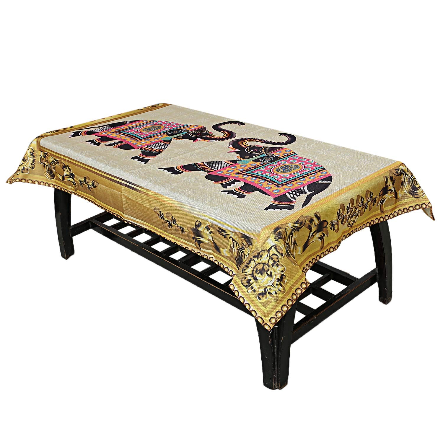 Kuber Industries Elephant Design Jute 4 Seater Center Table Cover - Gold (Ctktc02060)