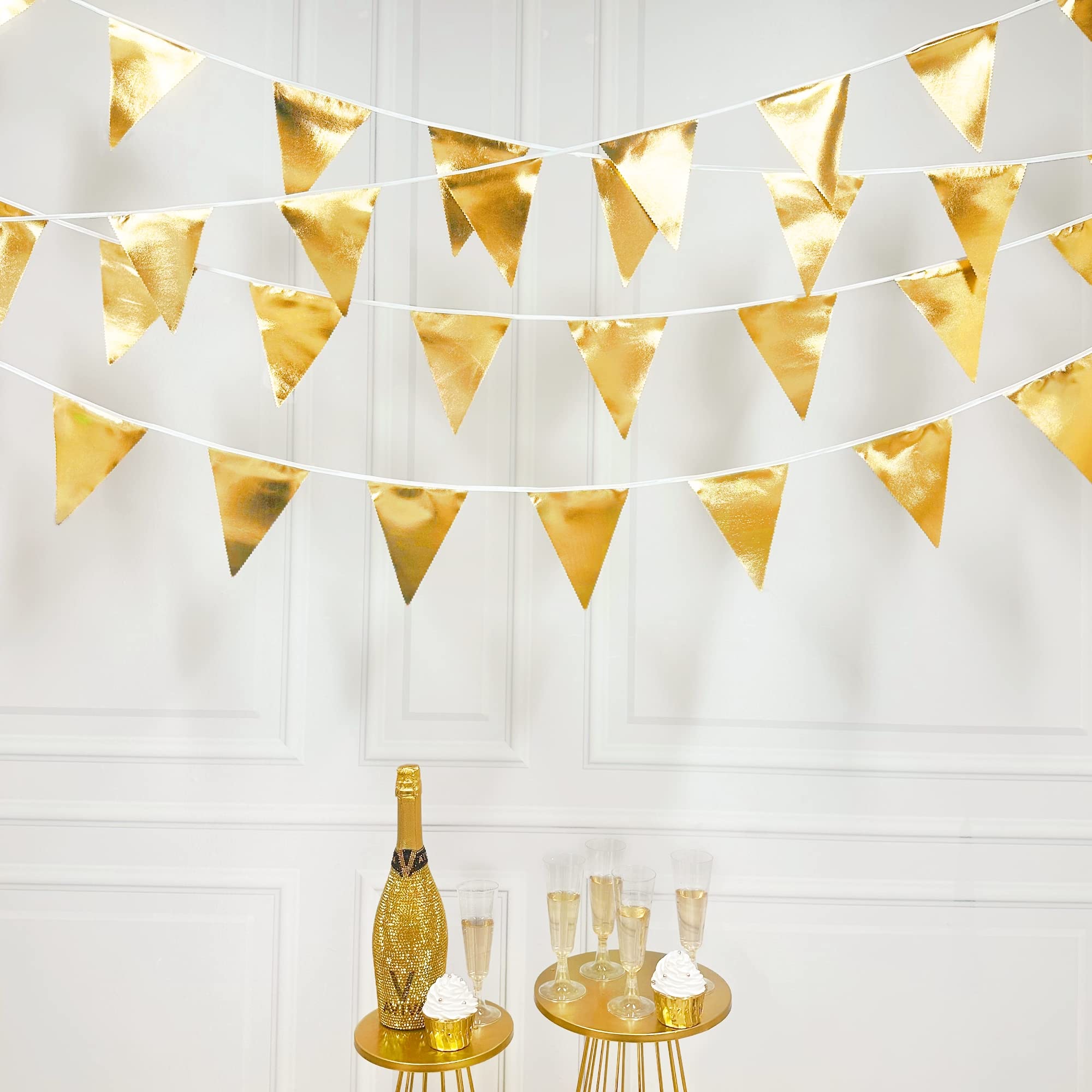 Gold Party Decorations Metallic Fabric Triangle Pennant Banner Gold Flag Bunting Garland For Graduation Birthday Wedding Anniver