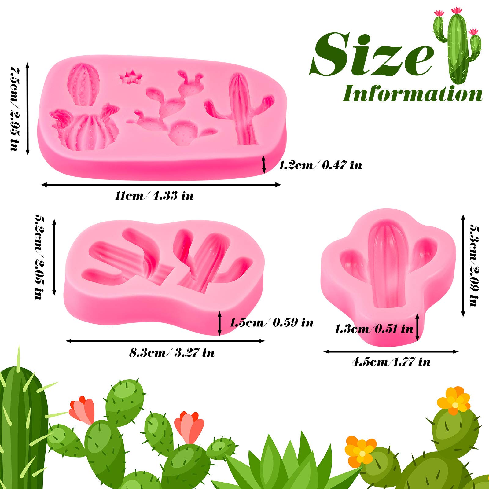 3 Pieces Cactus Silicone Fondant Moulds Cacti Hawaiian Cake Moulds Set For Making Sugar Chocolate Candy Gum Paste Cupcake Cake D