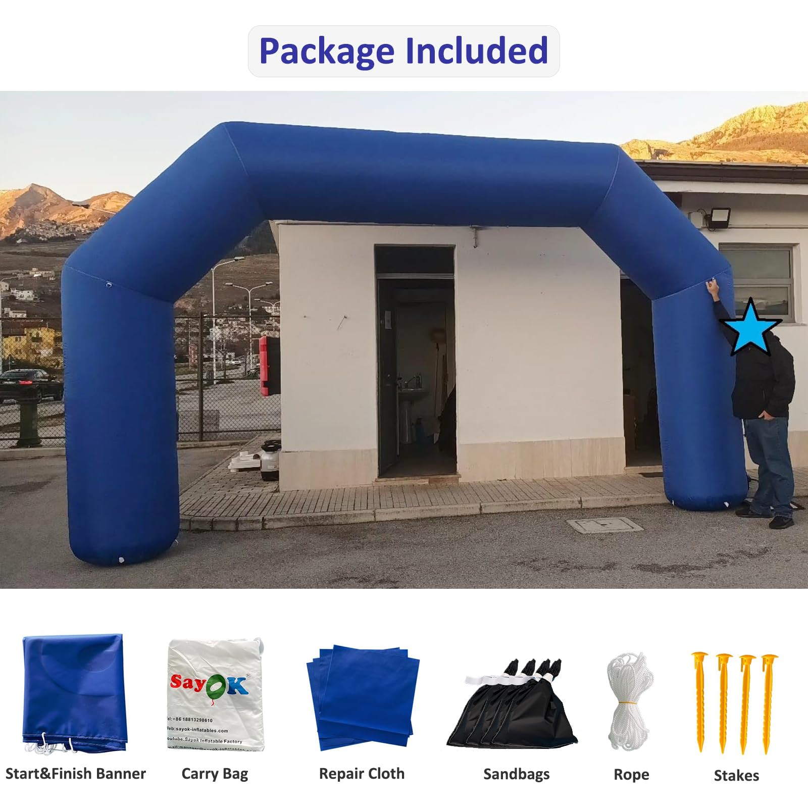 SAYOK Blue Inflatable Arch 20ft, Inflatable Start Finish Line Racing Arch with Air Blower, Outdoor Inflatable Archway for Party,