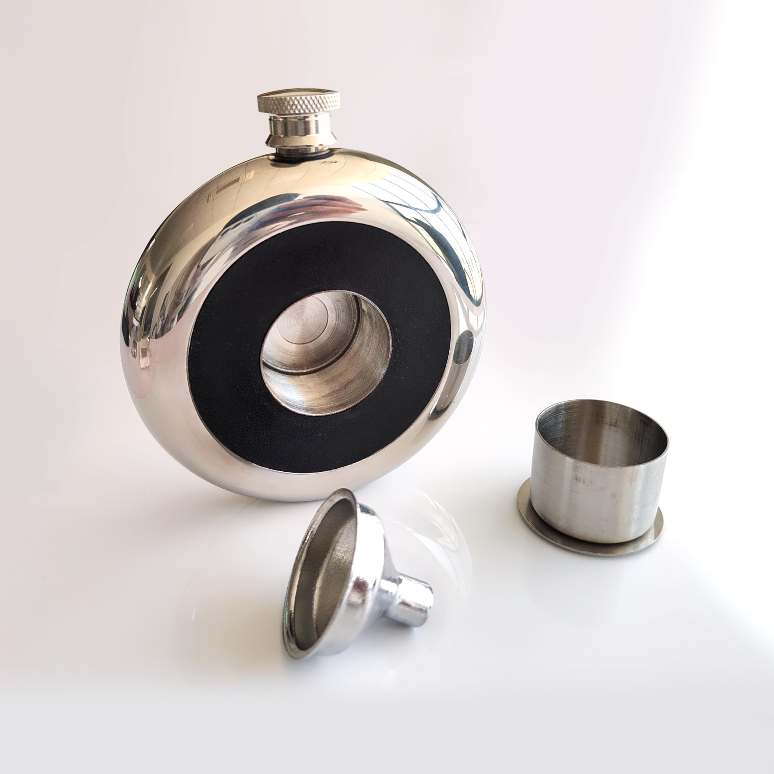 CNFLASK 5oz Round Hip Flask With Buildin Insertable Cup & Funnel (5oz, Black)