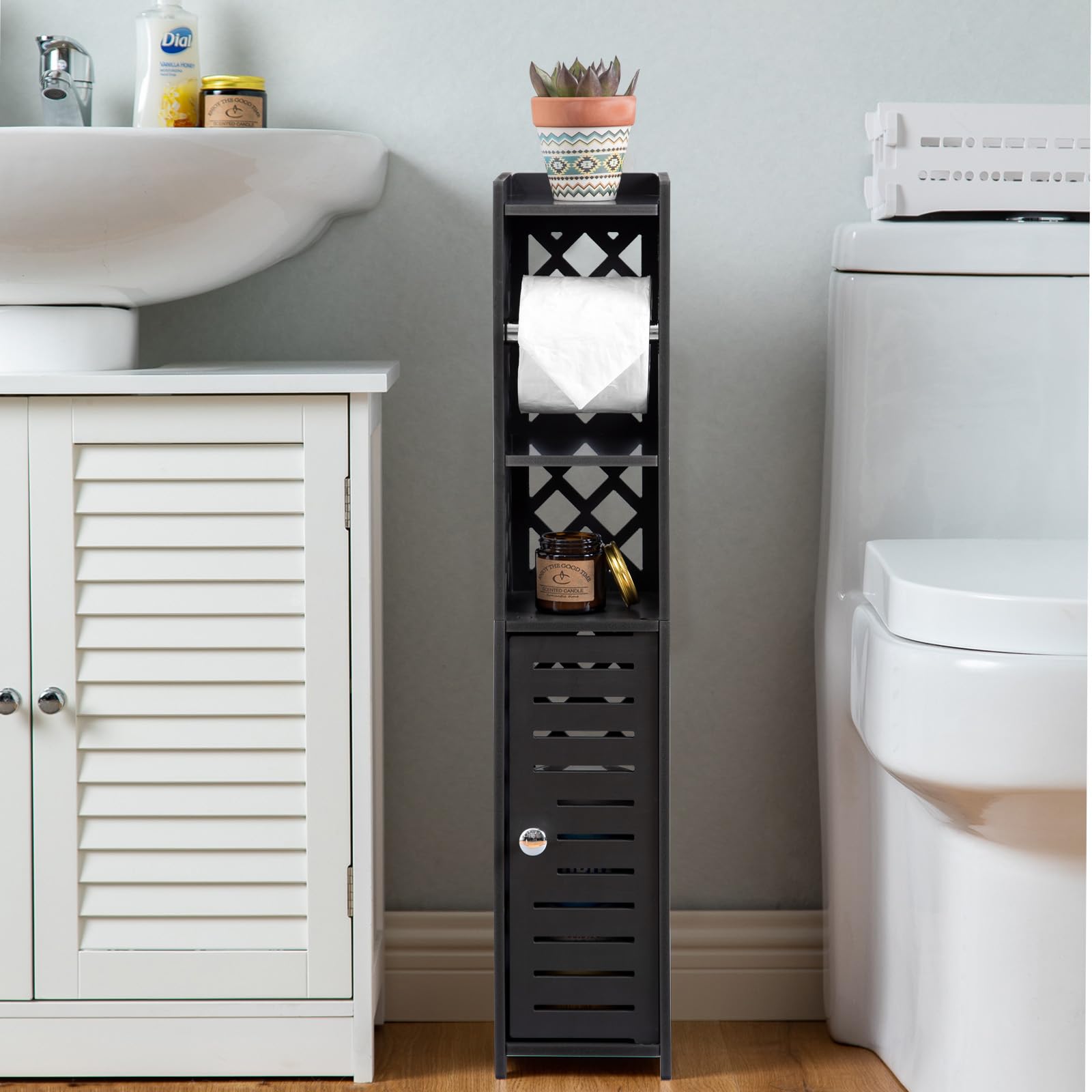 Toilet Paper Storage Cabinet,Toilet Paper Holder Stand,Bathroom Storage Cabinet With Roller,Slim Storage Cabinet For Small Space