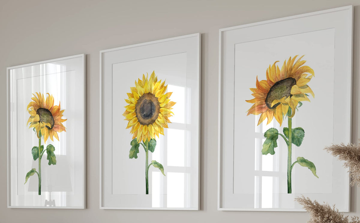 Sunflowers Wall Art Set Of 3 Unframed Prints, Plant Home Decor, Living Room Bedroom Poster Home Decor, Yellow And Green (11X14)