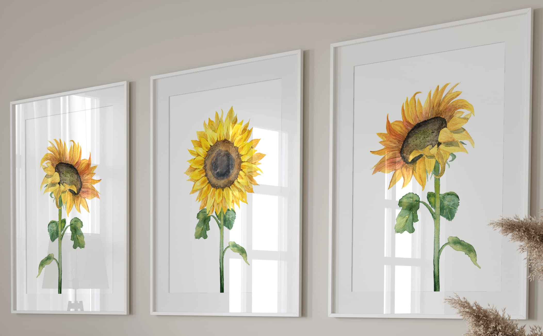 Sunflowers Wall Art Set Of 3 Unframed Prints, Plant Home Decor, Living Room Bedroom Poster Home Decor, Yellow And Green (8X10)