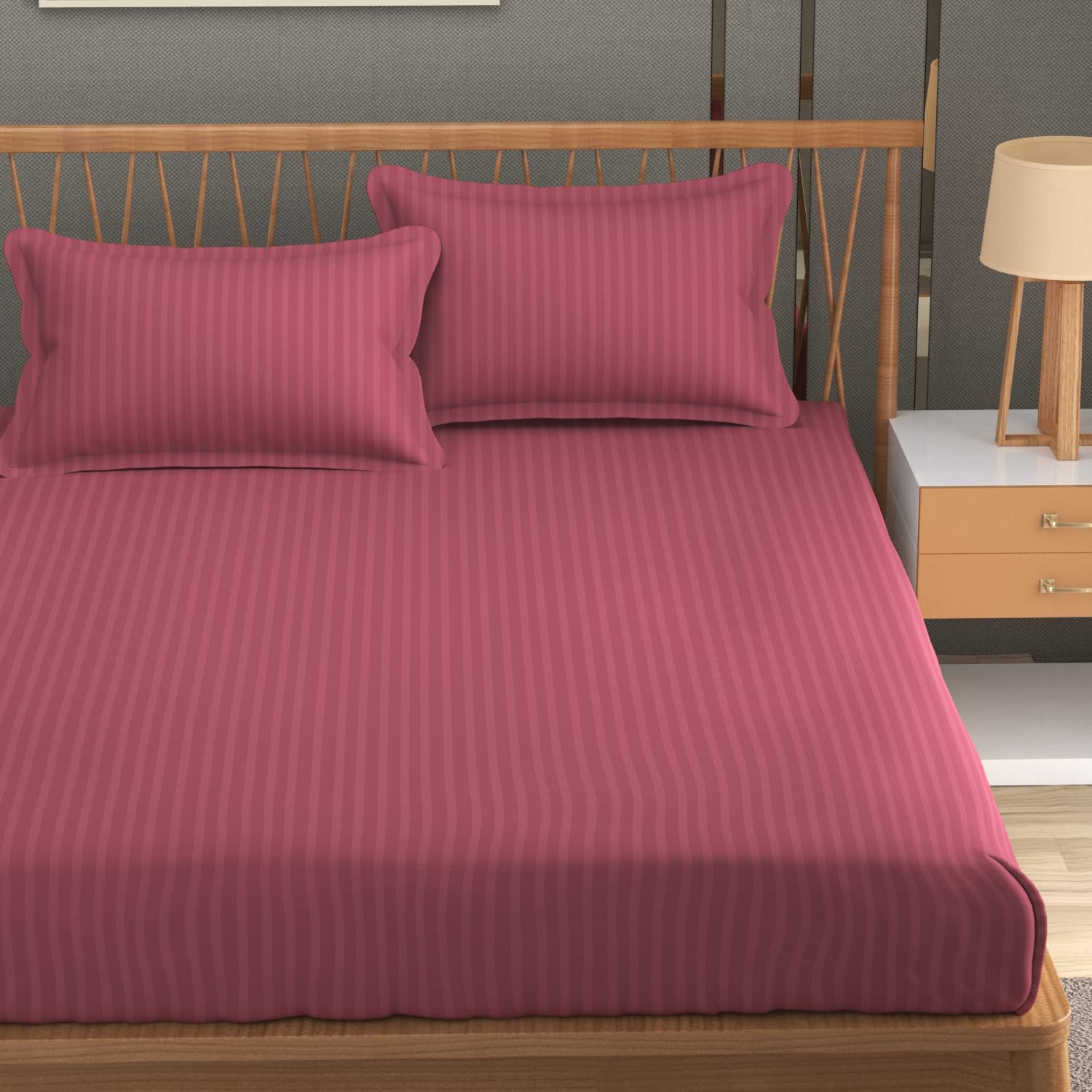 Homefab India 160 Tc Stripe Glace Cotton Double Bedsheet With 2 Pillow Covers - (90X90 Inches) - Pink