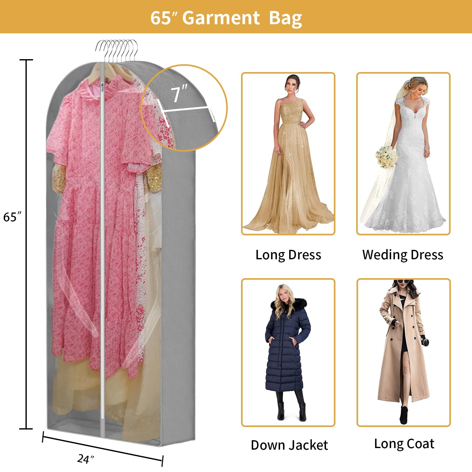 65'' Dress Bags For Gowns Long, 7'' Guessted Clear Garment Bags For Hanging Clothes, Dress Garment Bag, Dress Cover With Clear W