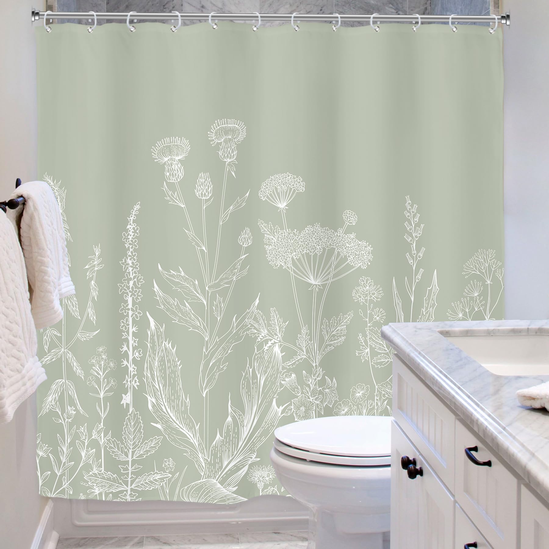 Riyidecor Sage Green Floral Wildflower Shower Curtain For Bathroom Decor 72Wx72H Plant Herbs Botanical Spring Nature Leaf Rustic