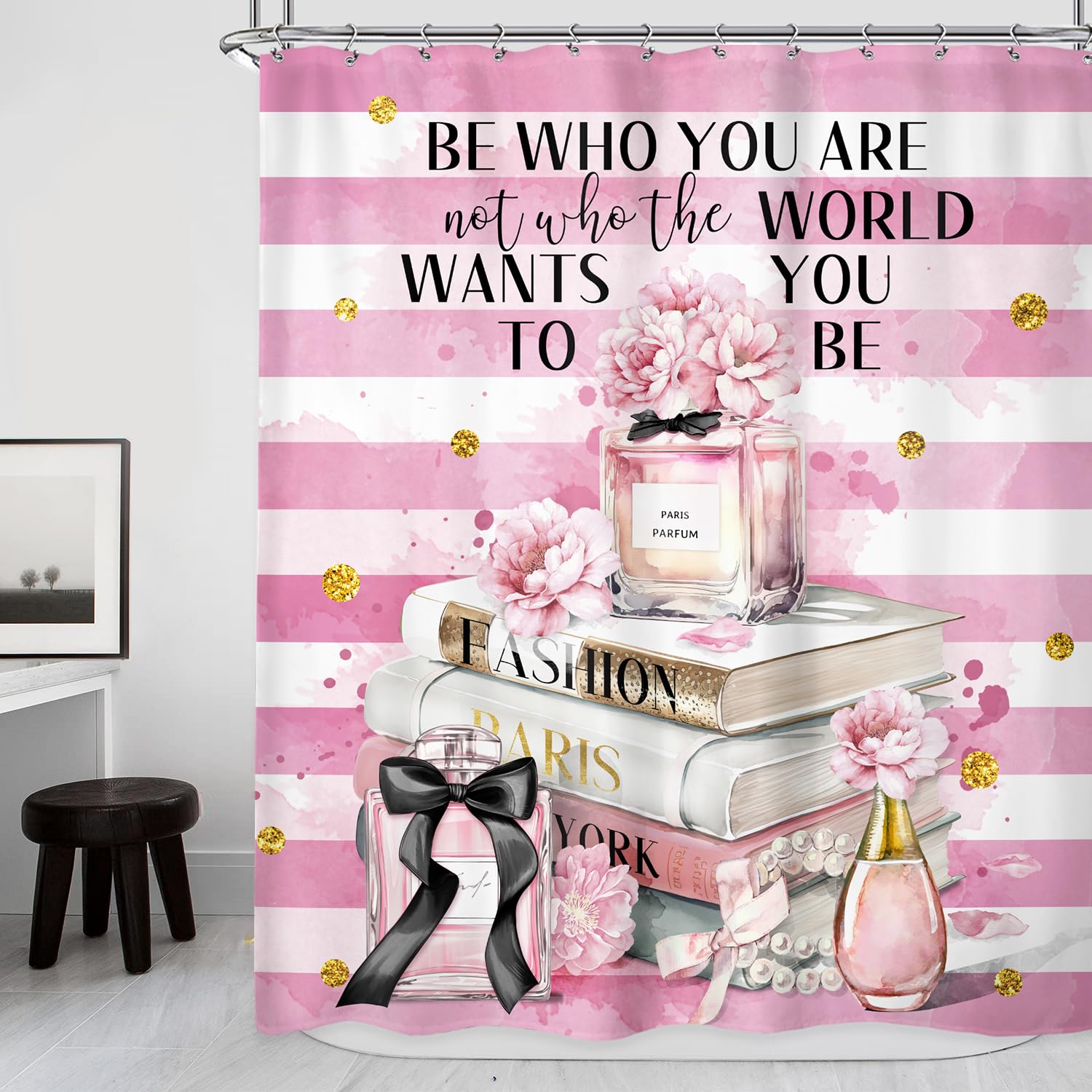 Riyidecor Fashion Shower Curtain 60Wx72H Inch Modern Women Pink White Stripe Magazine Books Perfume Flower Gold Dots Girls Bathroom Decor Fabric Polyester Waterproof 12 Pack Hooks