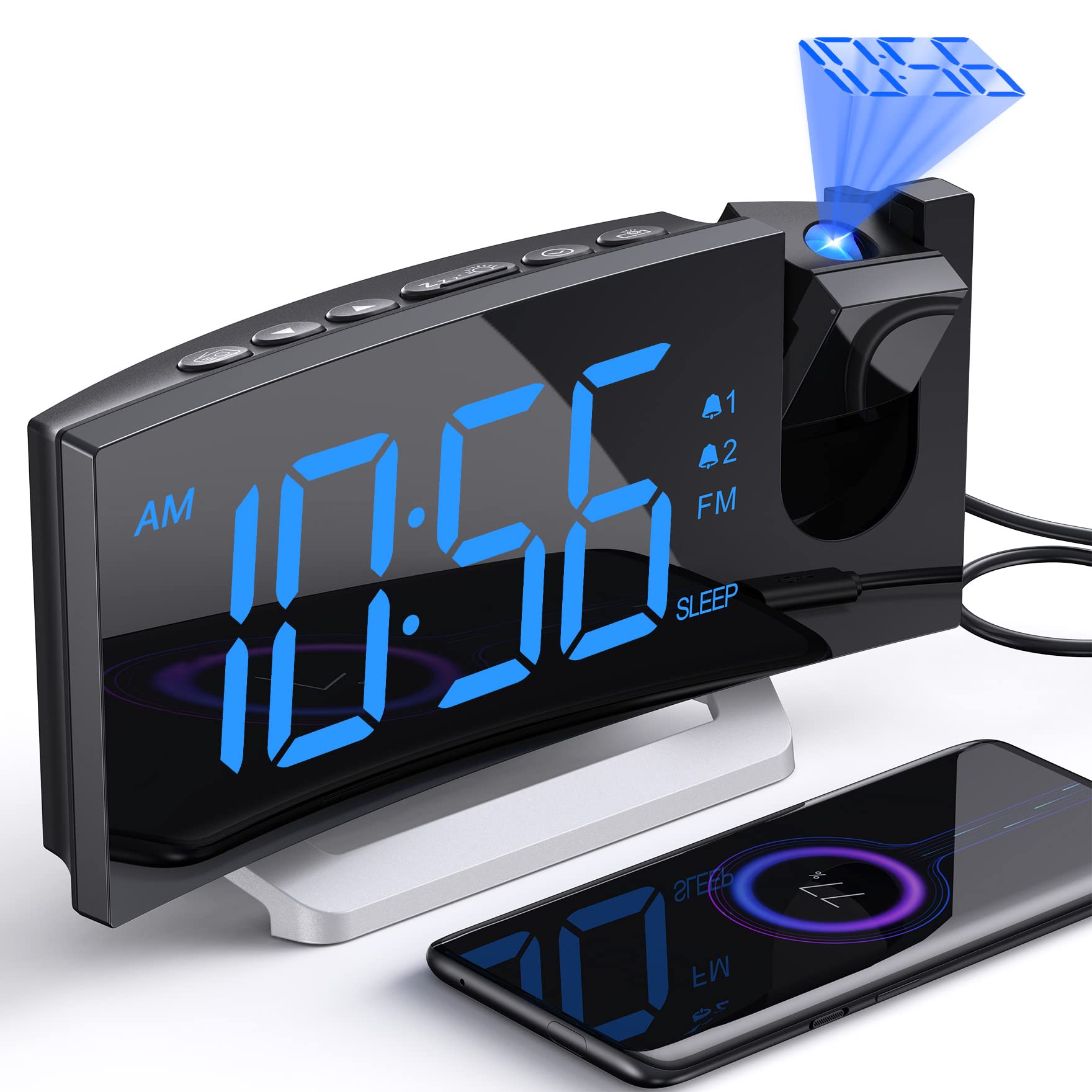 Projection Alarm Clock with FM Radio, USB Charging Port, 0-100% Dimmer, Dual Alarms, HD LED Display, 30 Preset Stations, Sleep T