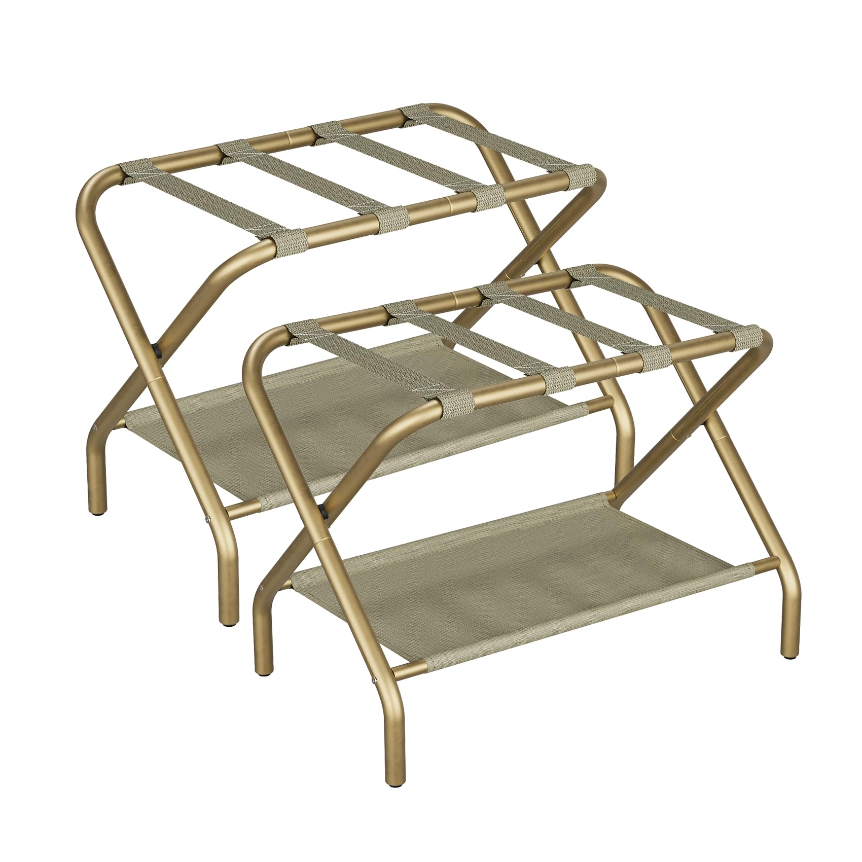 Smuxee Gold Luggage Rack Pack Of 2, Foldable Suitcase Stand With Fabric Storage Shelf, Luggage Holder With 4 Nylon Straps For Ho