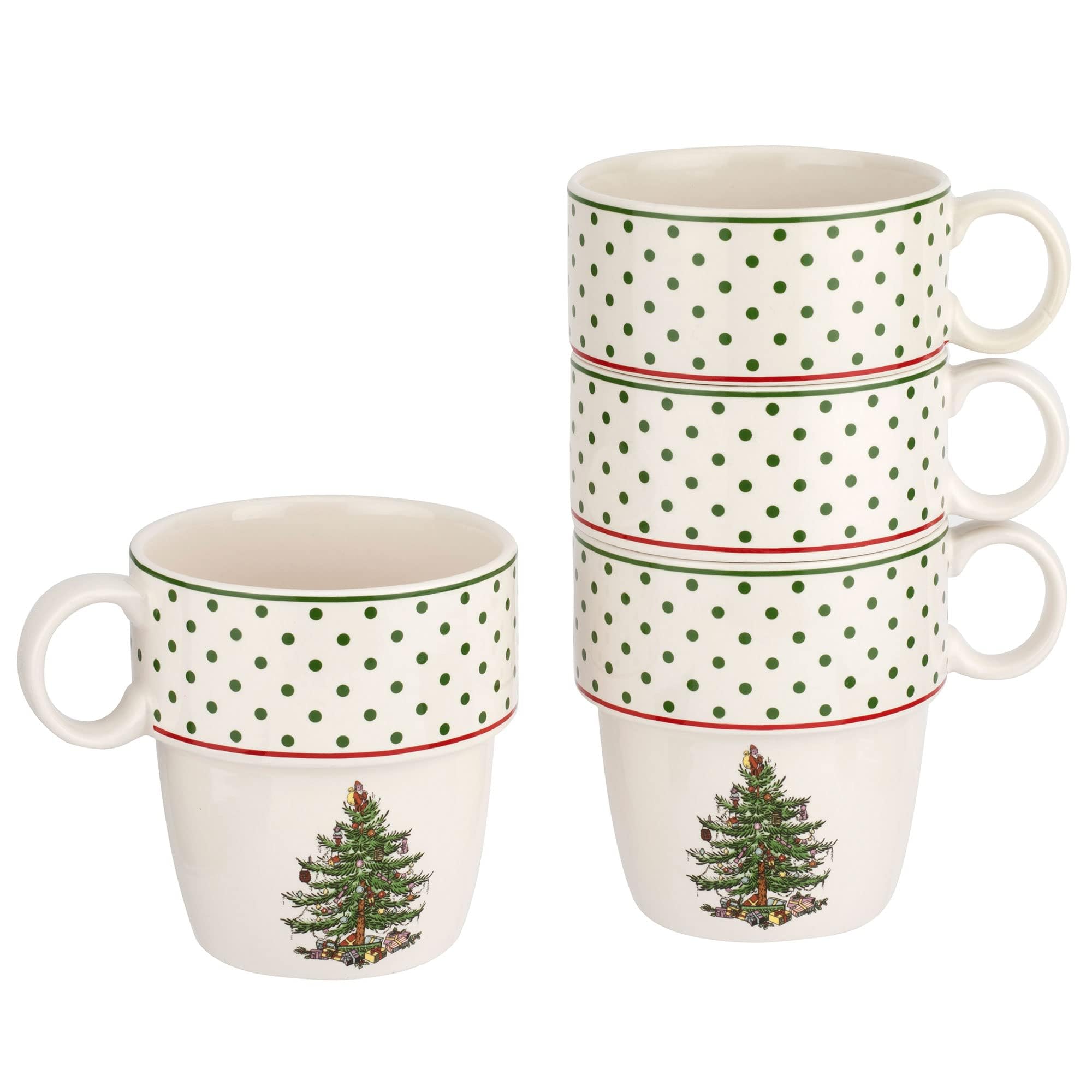 Spode Christmas Tree Polka Dot Stackable Mugs, Set Of 4 - Festive 10Oz Mugs For Hot Chocolate And Coffee, Space-Saving Design, D