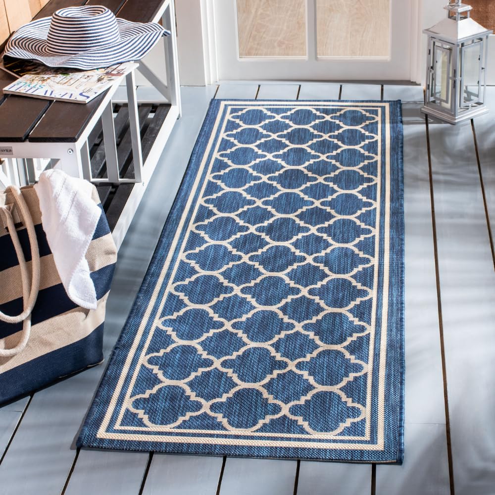SAFAVIEH Courtyard Collection 23 x 67 Navy/Beige CY6918 Trellis Indoor-Outdoor Waterproof Easy-Cleaning Patio Backyard Mudroom