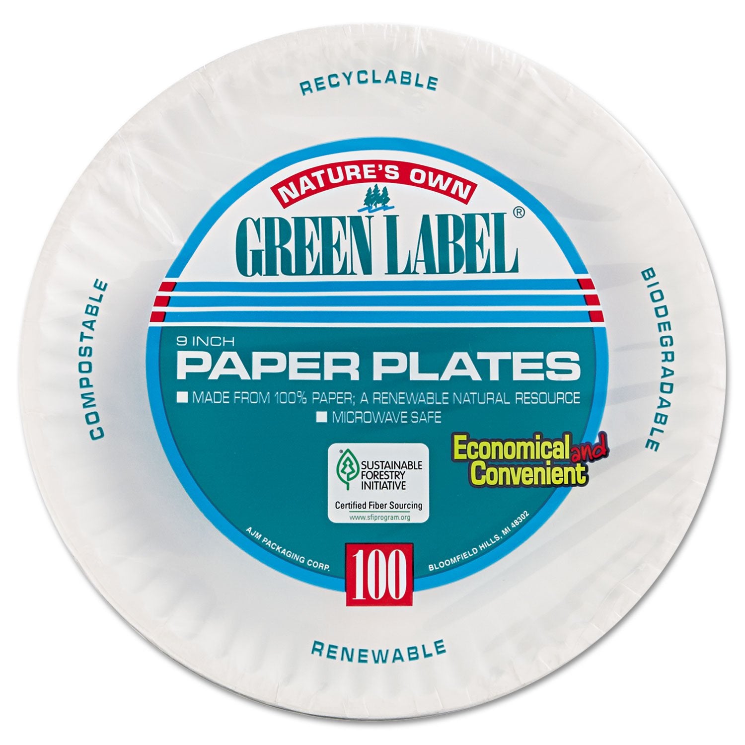 Ajm Packaging Pp9Grawhpk Paper Plates, 9-Inch Diameter, White, 100/Pack